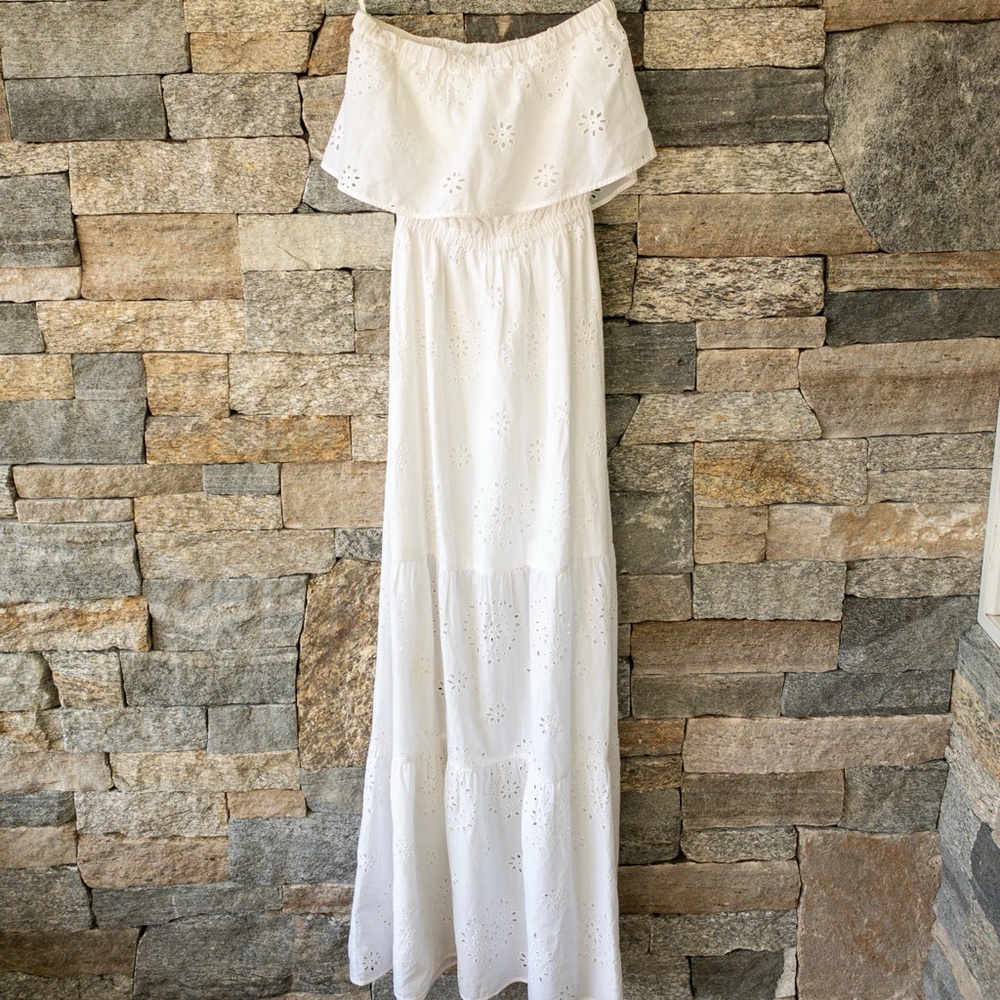Michael Kors Strapless Tiered Eyelet Maxi Dress